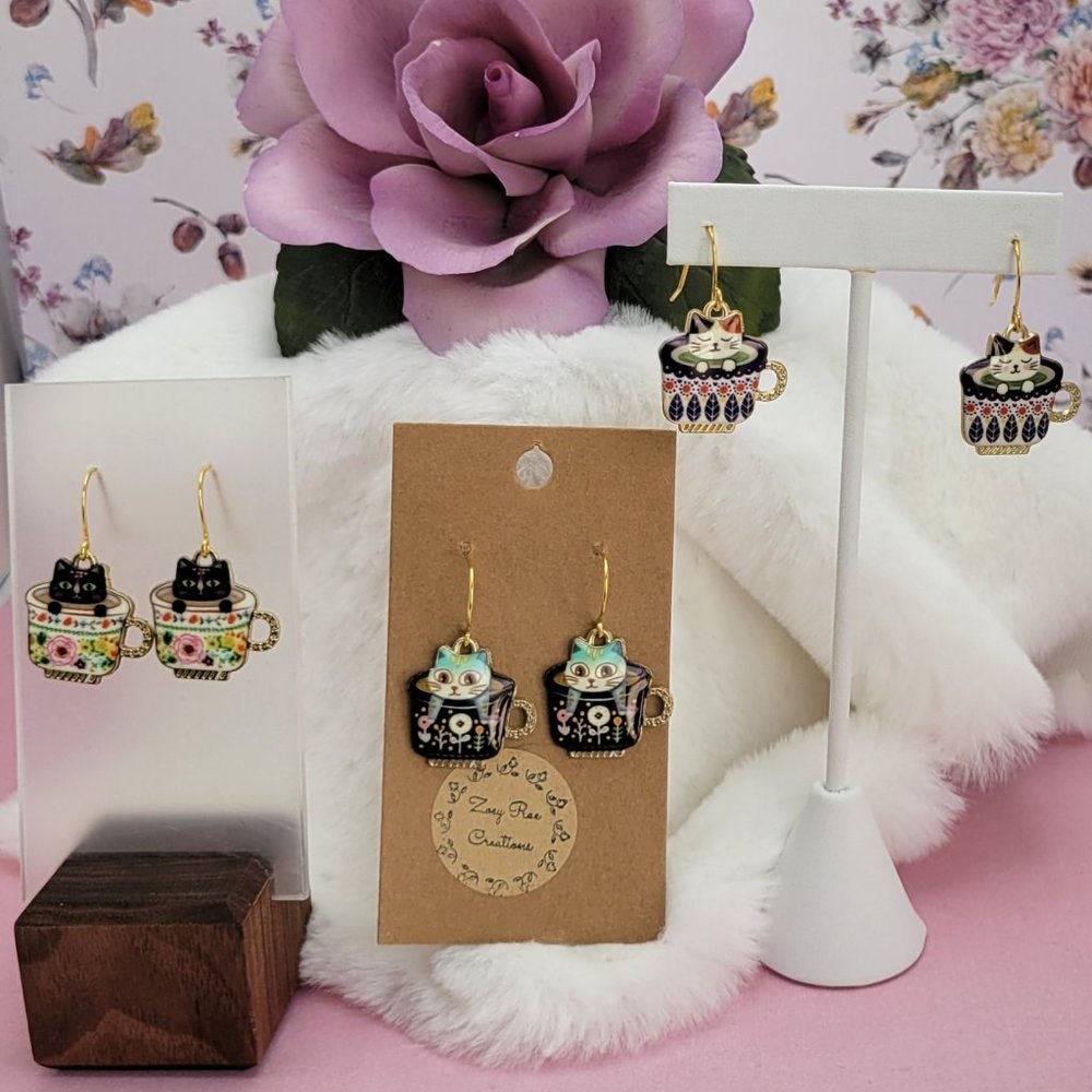 Kitty in Floral Teacups Earrings Dangle Hook Hypoallergic Gold Plated Black - Picture 11 of 11